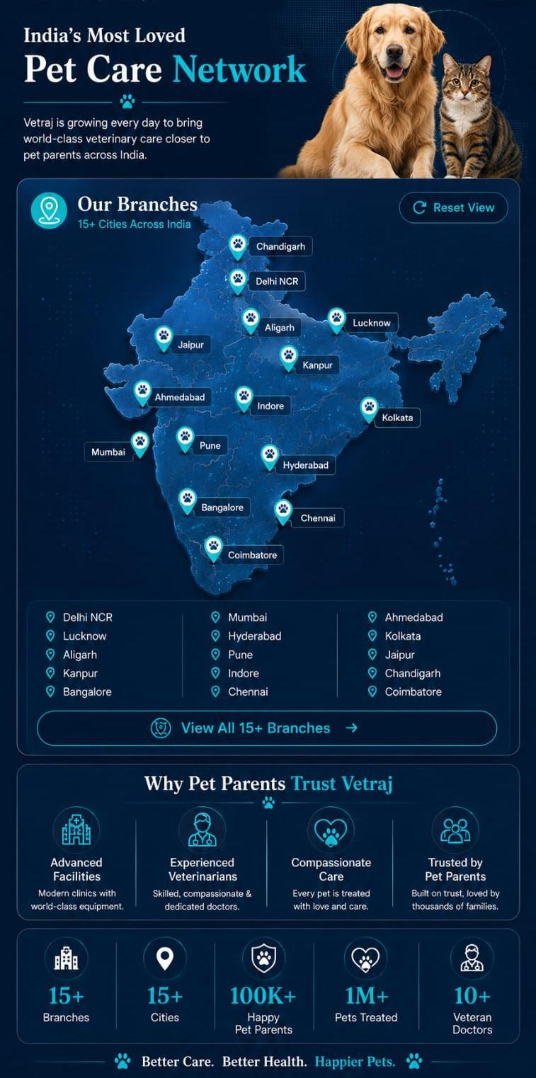 India's Most Loved Pet Care Network — 15+ branches across India, why pet parents trust Vetraj, 100K+ happy parents, 1M+ pets treated