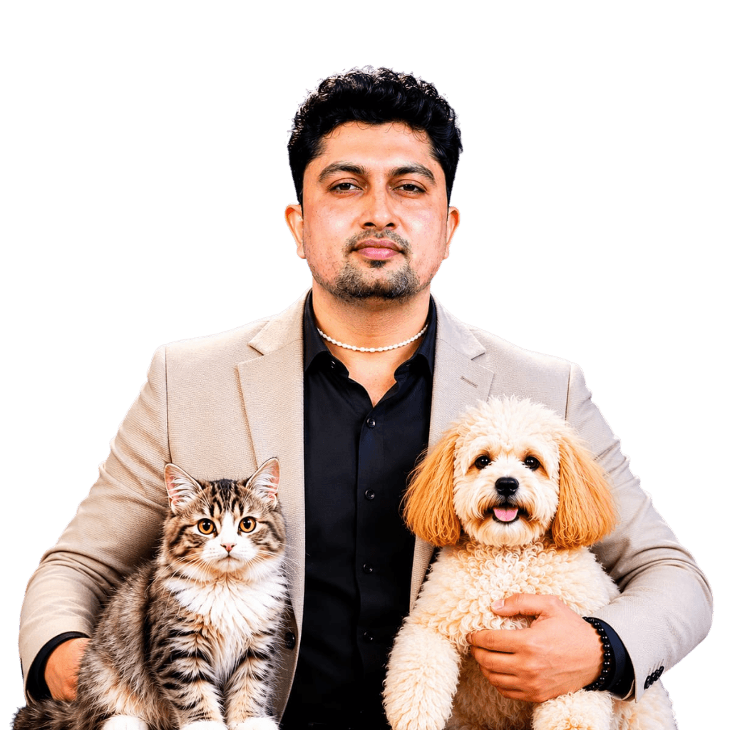 Friendly golden retriever and tabby cat at Vetraj Pet Hospital