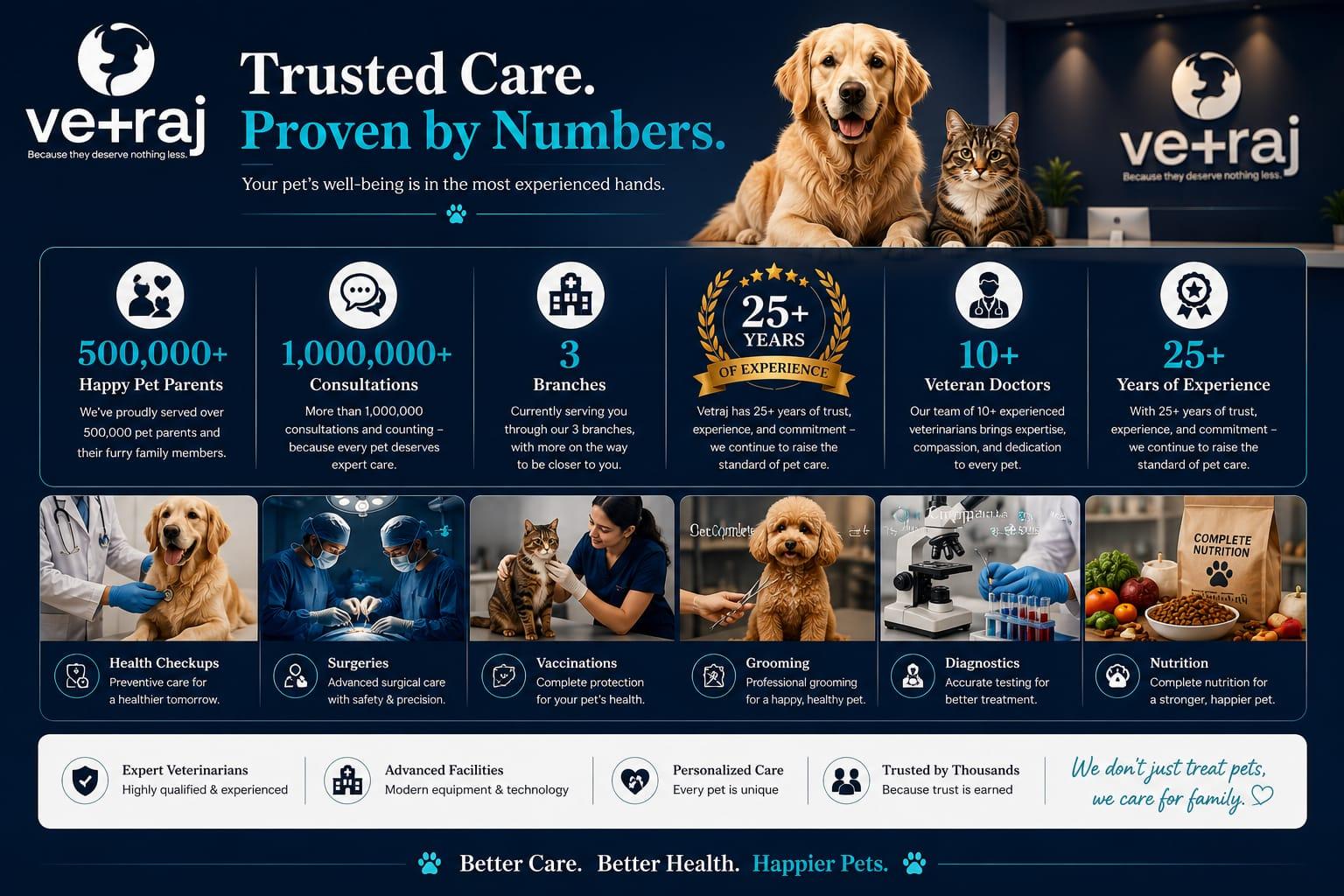 Trusted Care, Proven by Numbers — 500,000+ happy pet parents, 1,000,000+ consultations, 25+ years of experience, 10+ veteran doctors