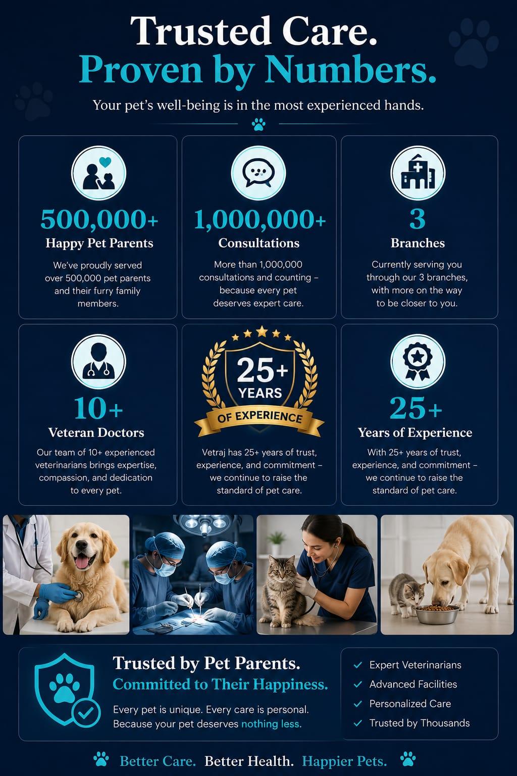 Trusted Care, Proven by Numbers — 500,000+ happy pet parents, 1,000,000+ consultations, 3 branches, 25+ years of experience, 10+ veteran doctors